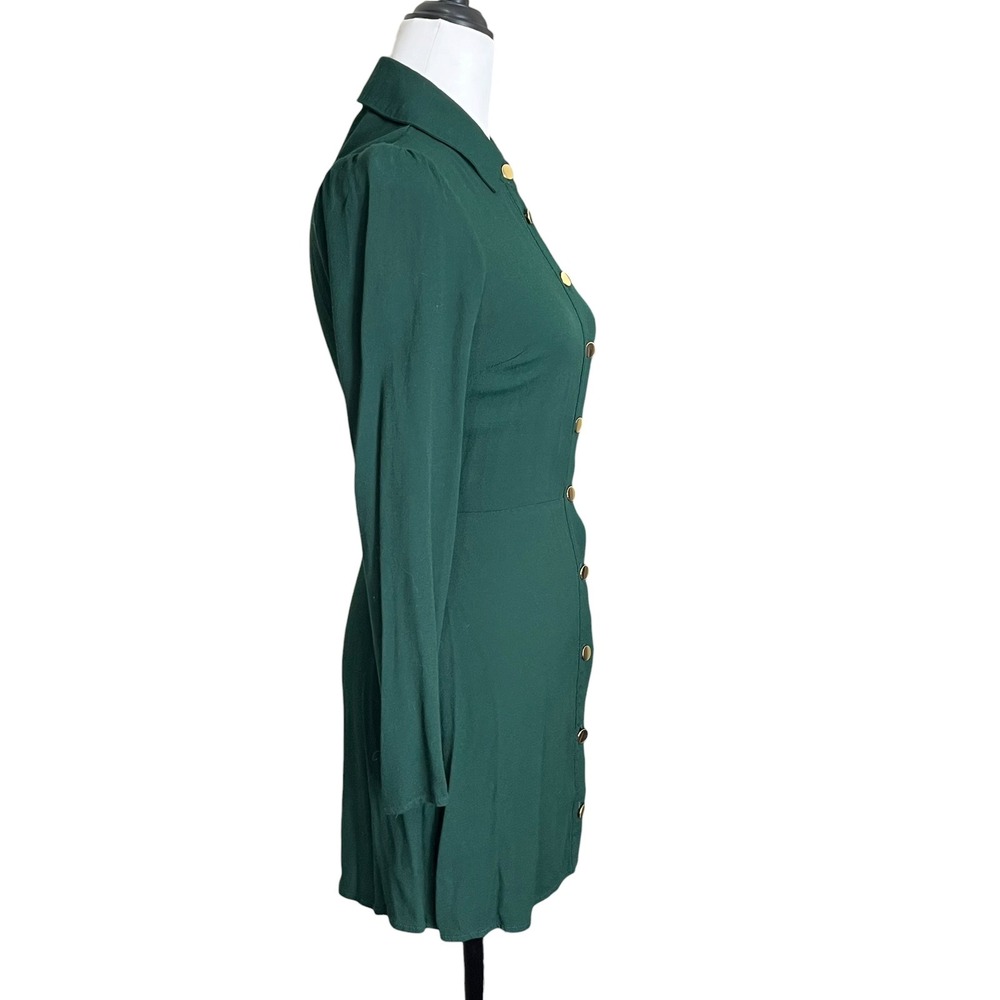 Reformation Hugh Mini Dress Women 0 Forest Green Long Sleeve Gold Buttons Crepe - Picture 3 of 7